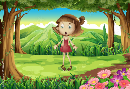 A shocked young girl in the middle of the forest