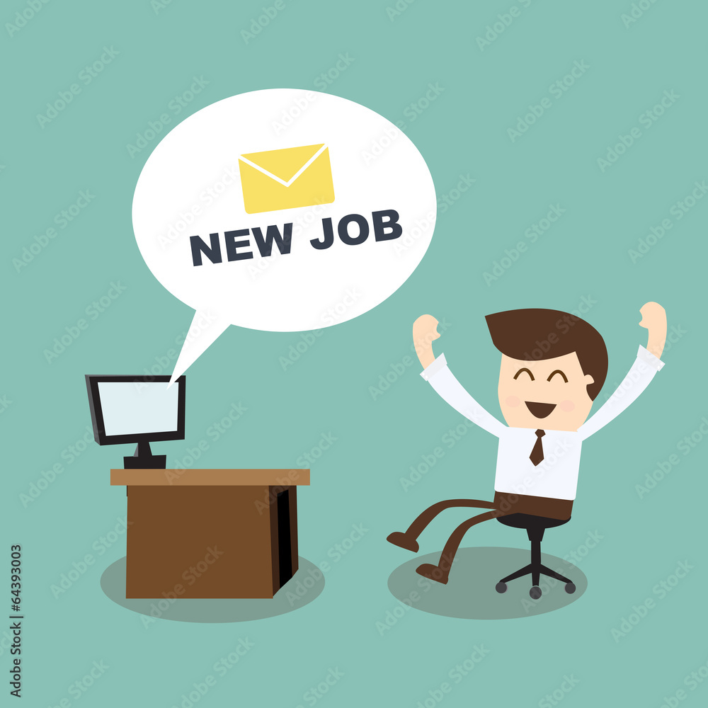 new job - happy businessman with new messages computer in office new job - happy businessman with new messages computer in office
