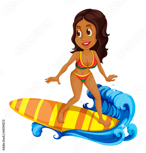 A tan girl surfing