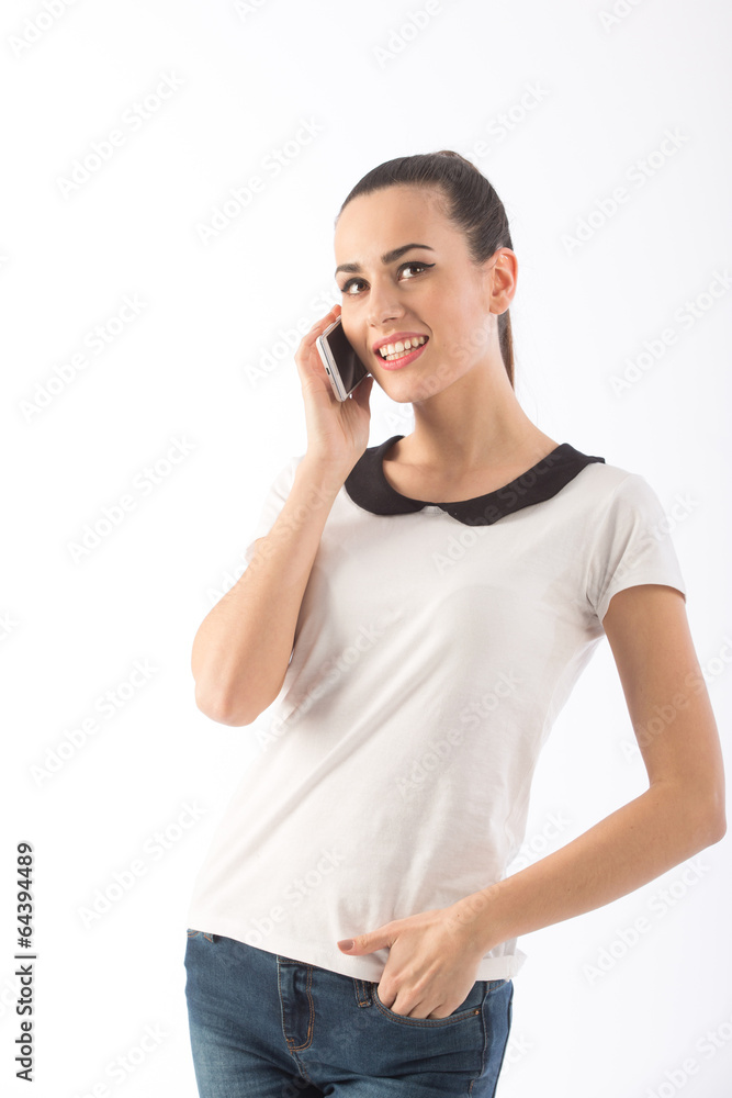 beautiful woman with a phone on white background beautiful woman with a phone on white background