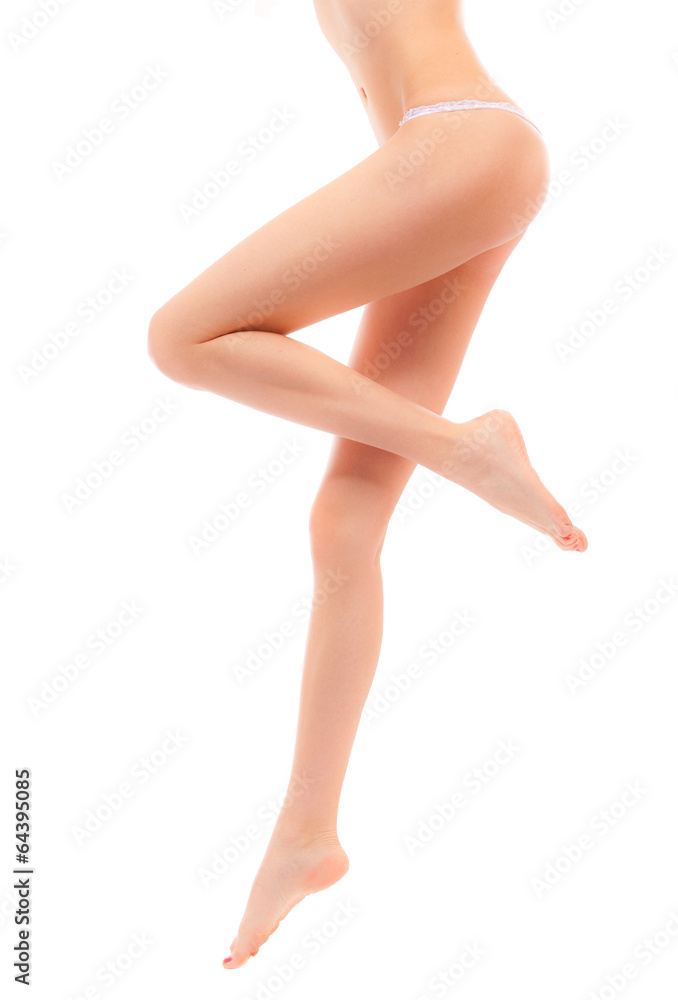 Female legs on a white background.
