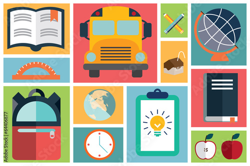 Collection of flat school icons, vector illustration