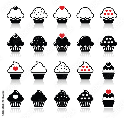 Cupcake with heart, cherry and sparkles icons set