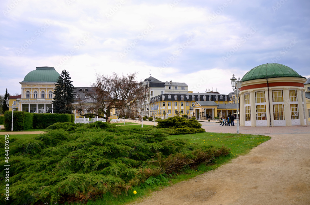 Spa of Franzensbad with parks and spa houses in the spring