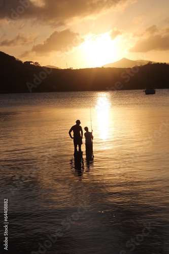 family father and son family fishing at sunset stock, photo, photograph, image, picture