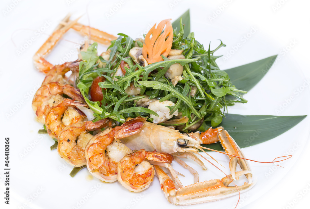 shrimp salad greens vegetables and crayfish in the restaurant shrimp salad greens vegetables and crayfish in the restaurant