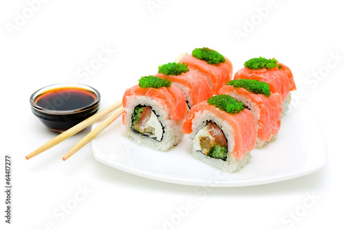 Japanese sushi on a plate on white background