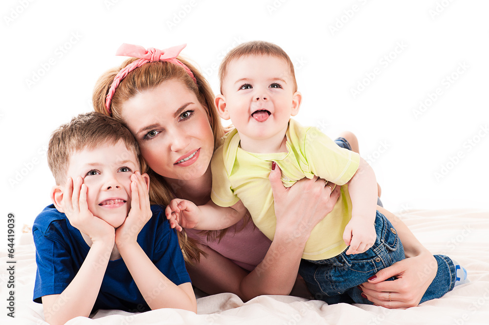 happy mother with two children