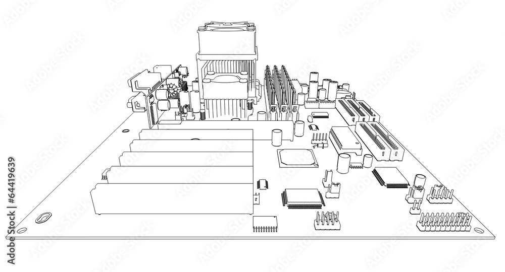Motherboard. Wire frame render