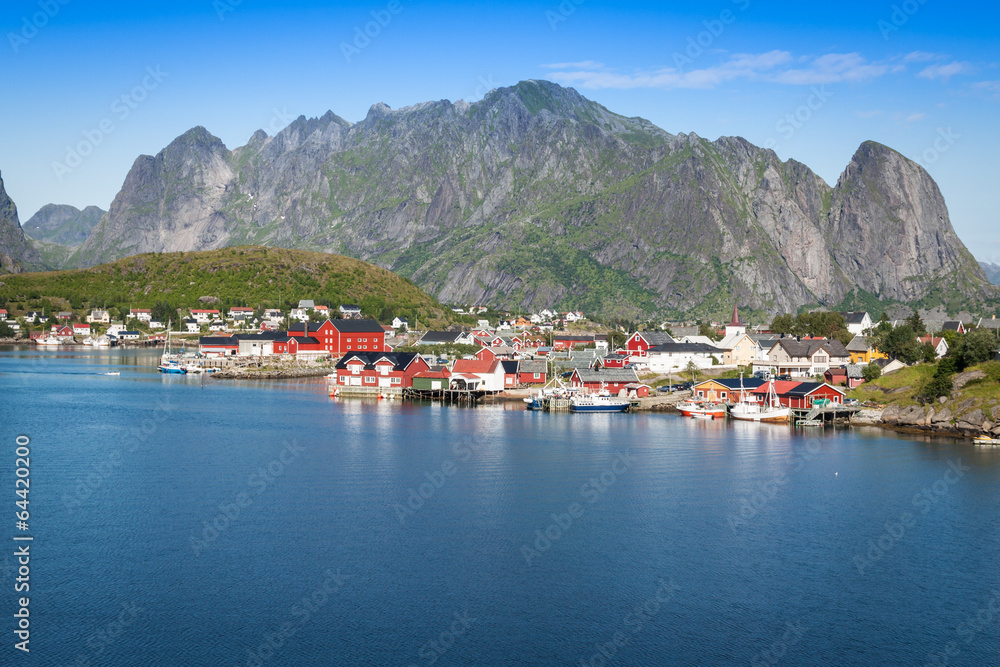 Picturesque fishing town of Reine by the fjord on Lofoten island