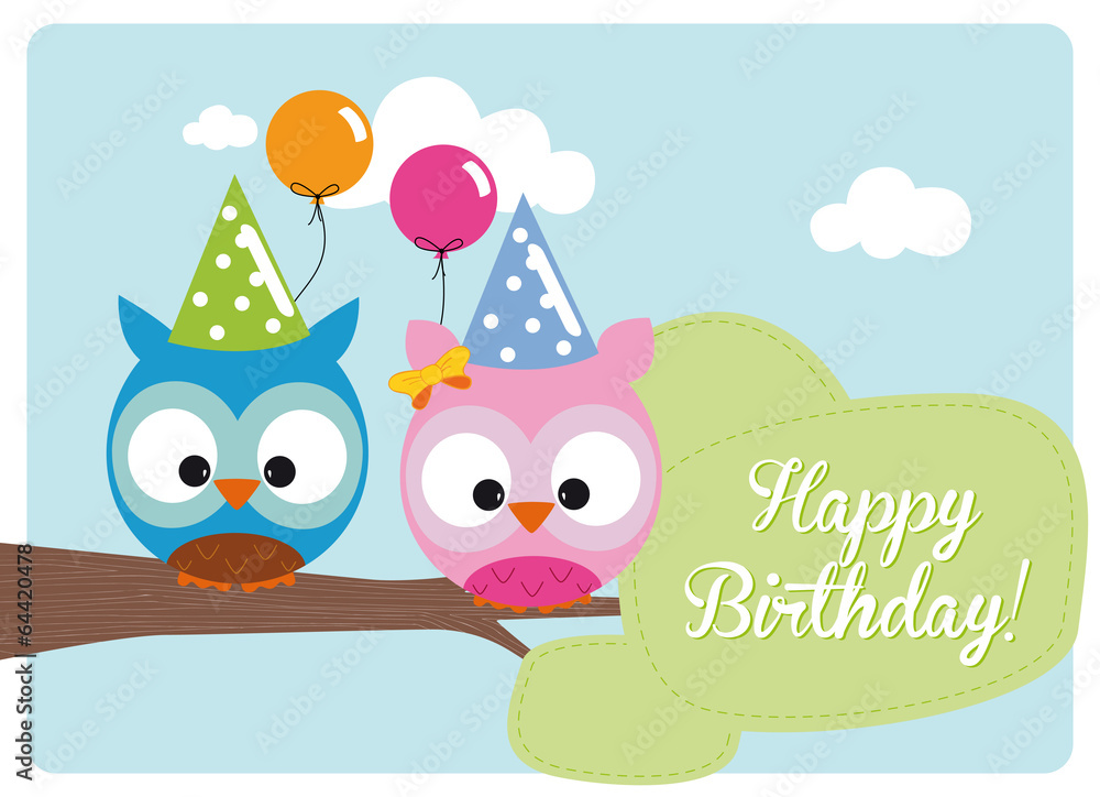 cute owls with hats and balloons on branch for birthday party cute owls with hats and balloons on branch for birthday party