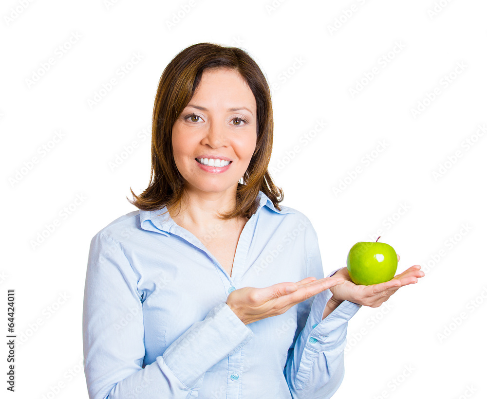 Portrait happy, smiling female nutritionist with green apple Portrait happy, smiling female nutritionist with green apple