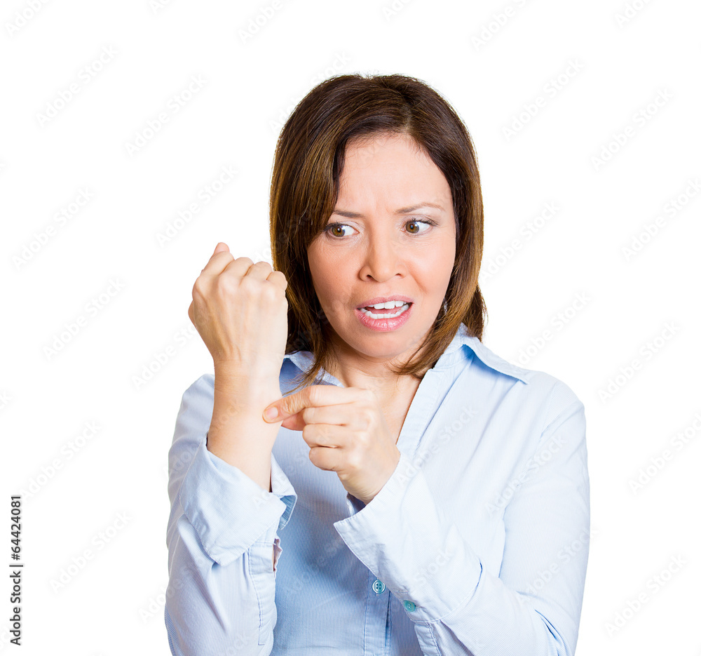 Reality check. Middle age happy, surprised woman pinches skin Reality check. Middle age happy, surprised woman pinches skin
