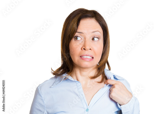 Headshot middle aged woman feeling embarrassed awkward 