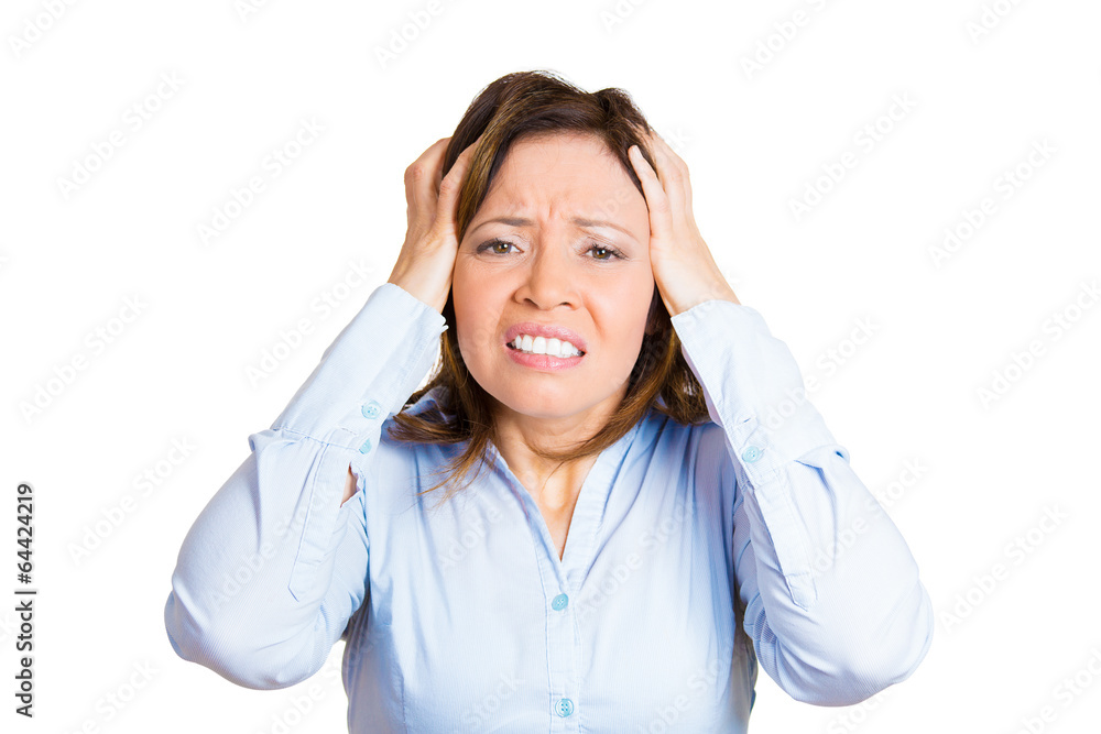 headshot woman having headache isolated on white background headshot woman having headache isolated on white background