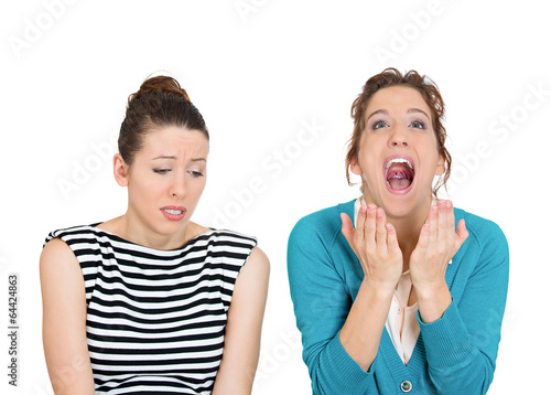 Pessimist, optimist two women isolated on white background 