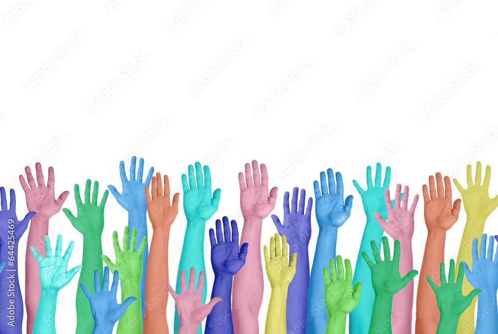 Fototapeta premium Colorful Hands Raised On White Background