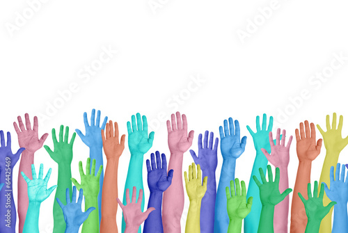 Colorful Hands Raised On White Background