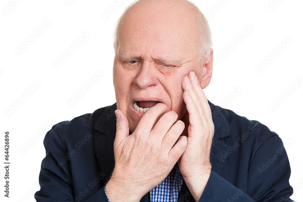 Headshot senior man with tooth ache, on white background Headshot senior man with tooth ache, on white background