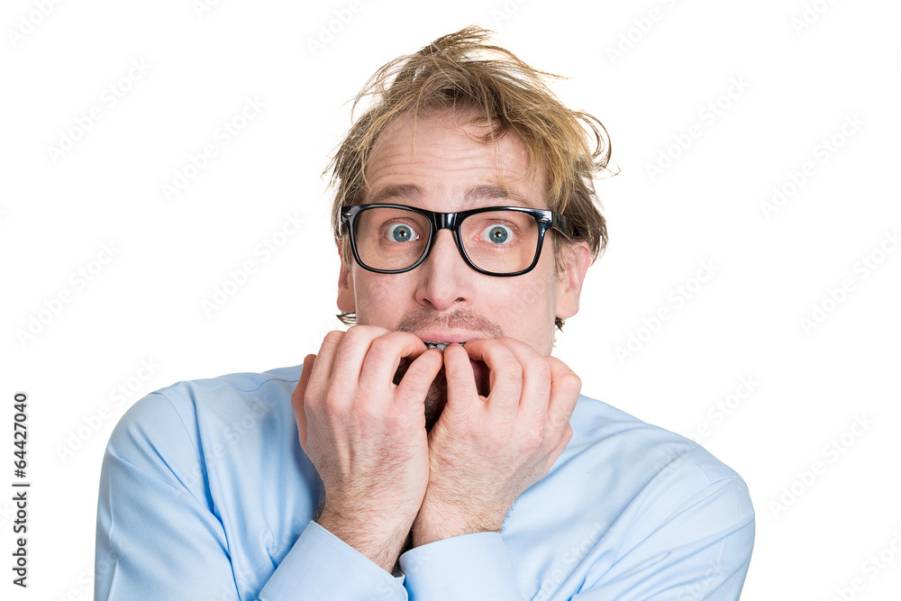 Anxious man biting finger nails, has panic attack Anxious man biting finger nails, has panic attack