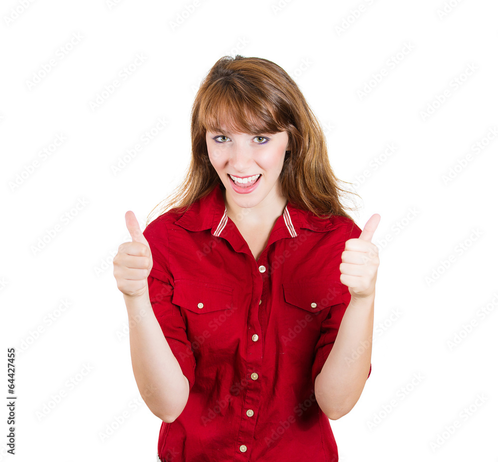 Young woman showing thumbs up isolated on white background Young woman showing thumbs up isolated on white background