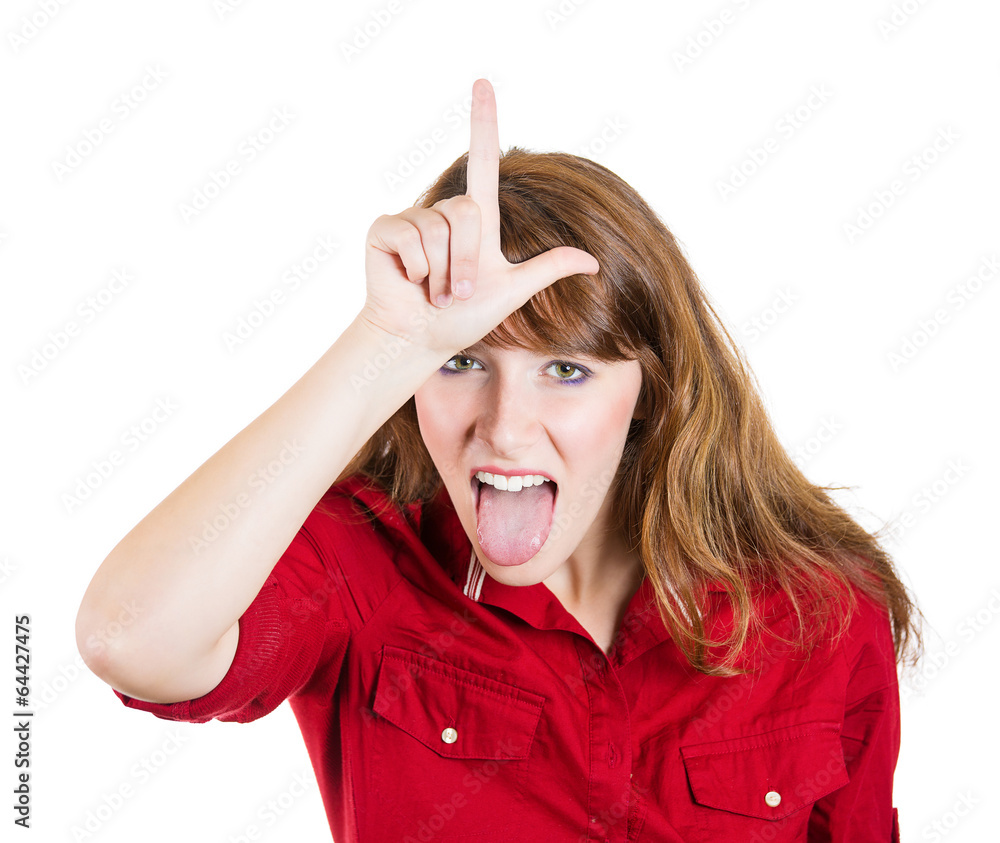 headshot young woman showing loser sign, isolated on white headshot young woman showing loser sign, isolated on white