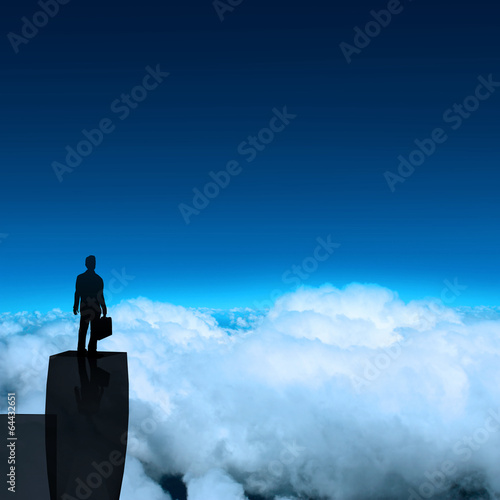 businessman stands successfully on building top Looking Towards