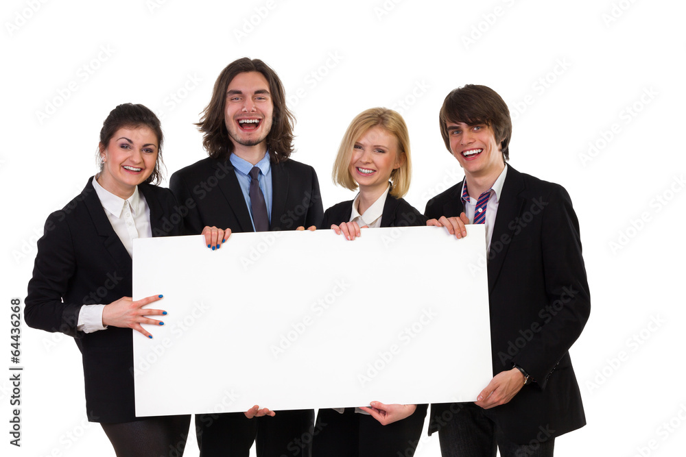 Smiling group of elegance people holding blank placard. Smiling group of elegance people holding blank placard.
