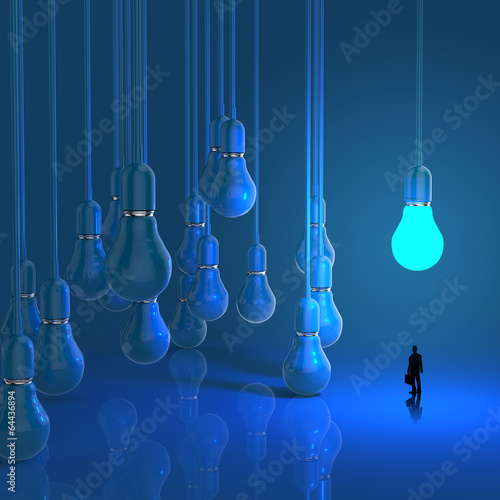 businessman looking at lightbulb 3d idea diagram as success conc