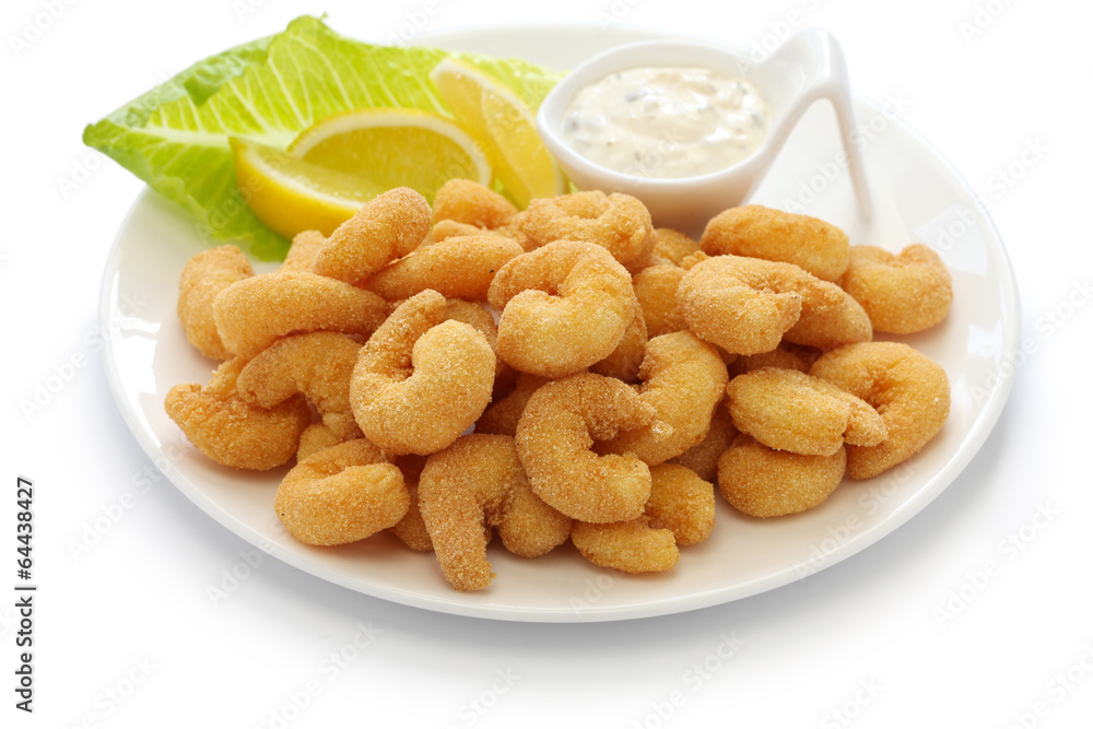 popcorn shrimp with tartar sauce isolated on white background popcorn shrimp with tartar sauce isolated on white background