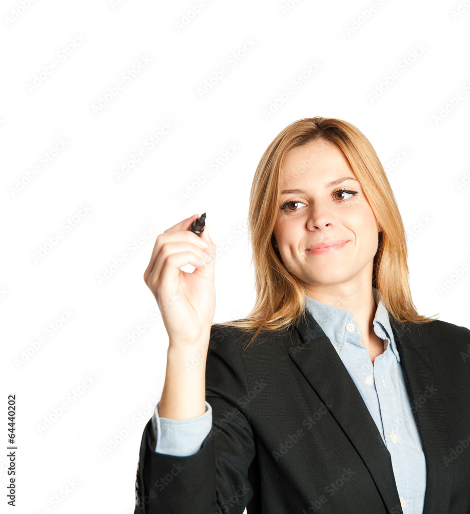 business woman drawing on empty white board business woman drawing on empty white board