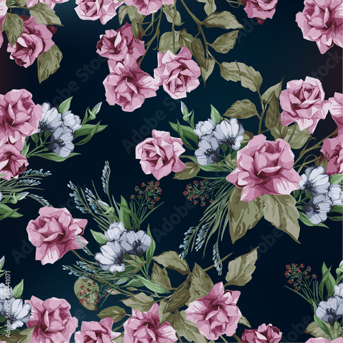 Seamless vector floral pattern with roses, watercolor