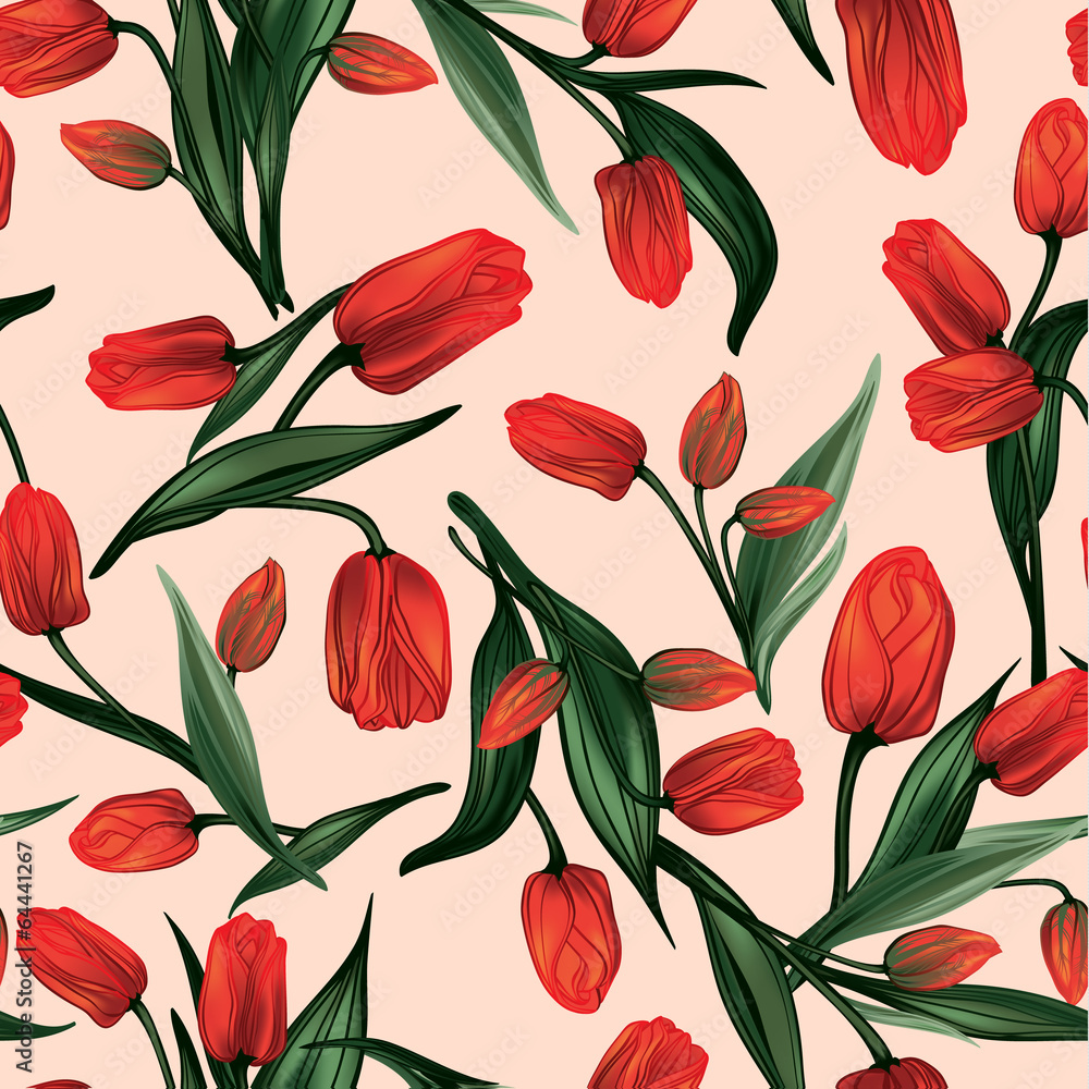 Seamless vector floral pattern with of red tulips Seamless vector floral pattern with of red tulips
