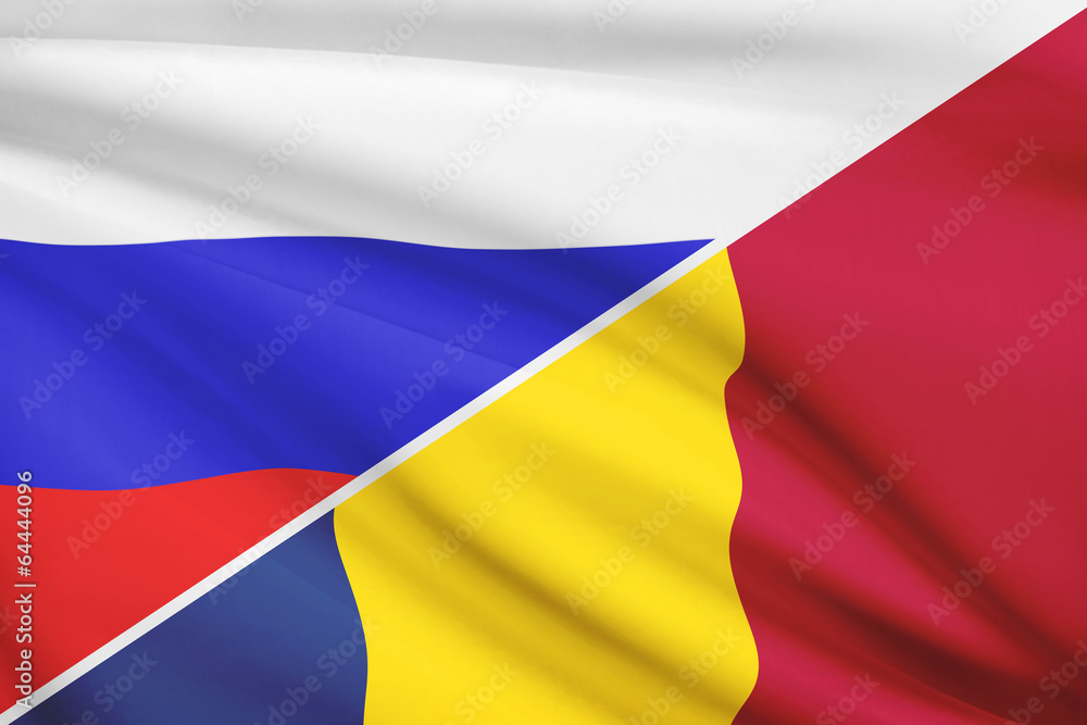 Series of ruffled flags. Russia and Romania.
