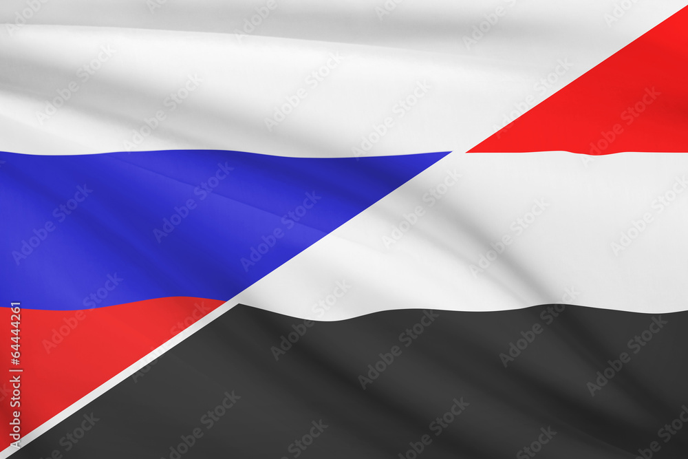 Series of ruffled flags. Russia and Republic of Yemen.