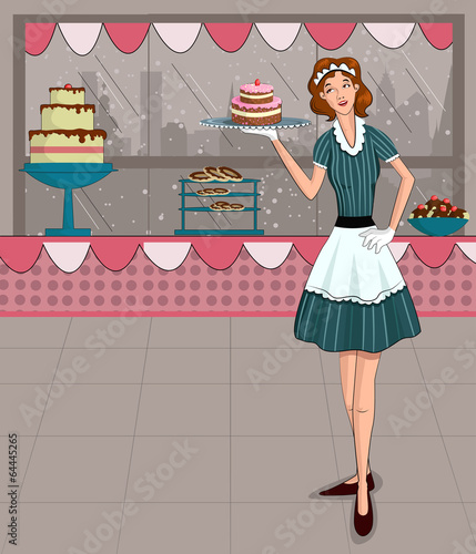 Retro lady in bakery shop