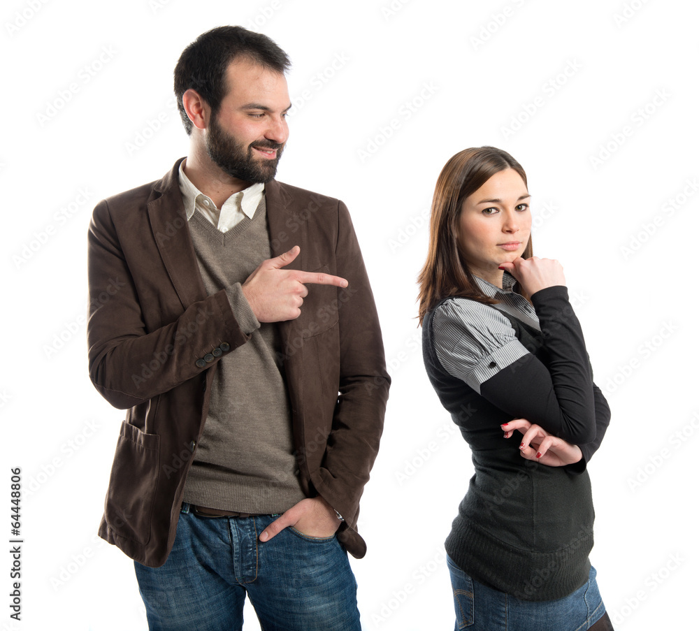 Girl seducing a men over white background Girl seducing a men over white background