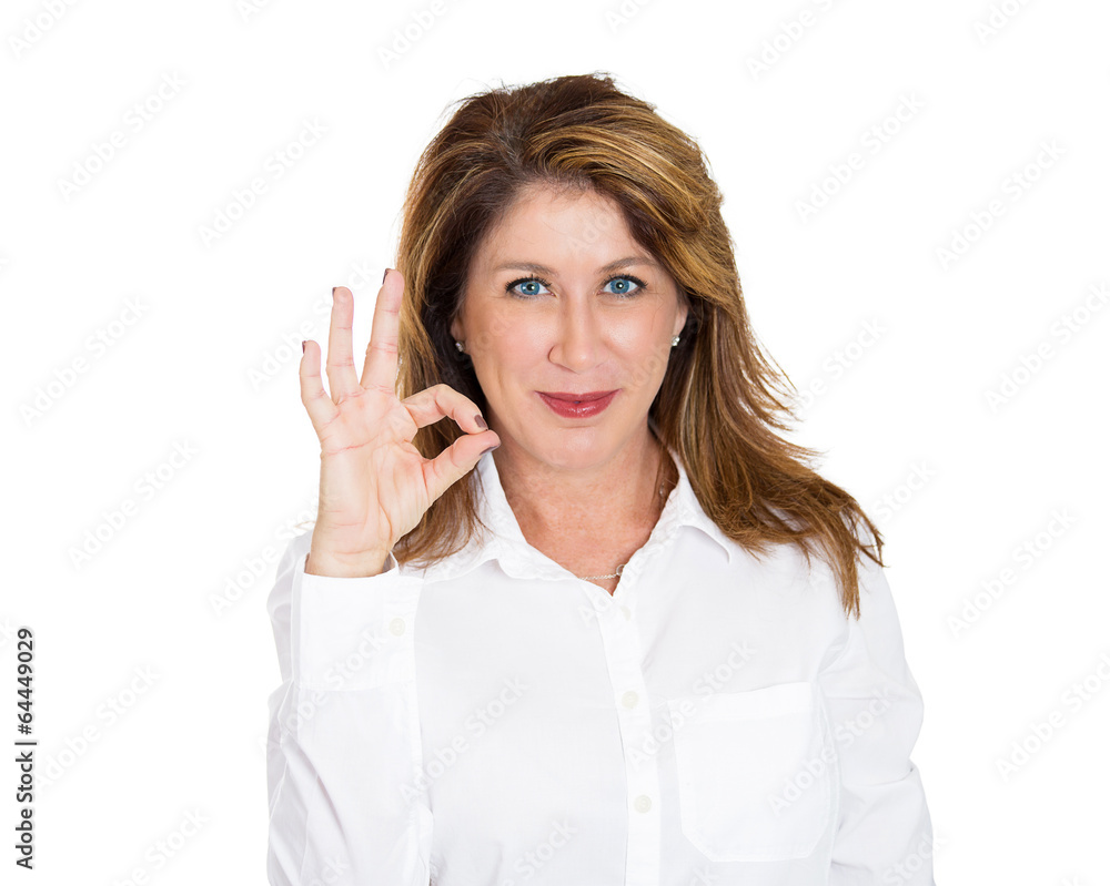 OK. Excellence in service. Happy woman on white background 