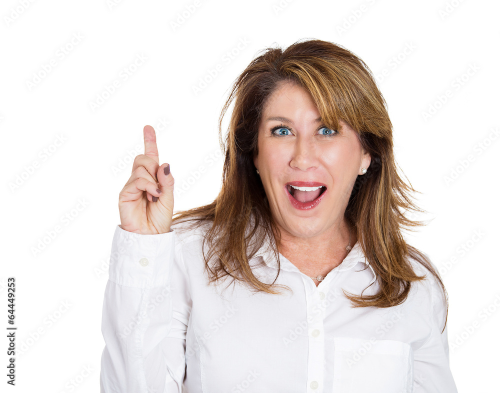 Idea! Excited middle aged woman has a solution to problem Idea! Excited middle aged woman has a solution to problem