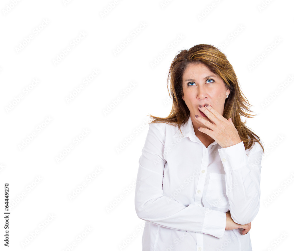 portrait middle aged woman thinking looking up, on white portrait middle aged woman thinking looking up, on white
