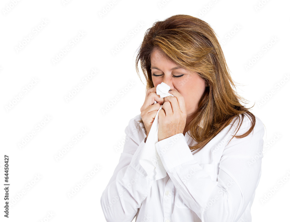 Colds, allergies. Sick Woman blowing her nose, white background Colds, allergies. Sick Woman blowing her nose, white background