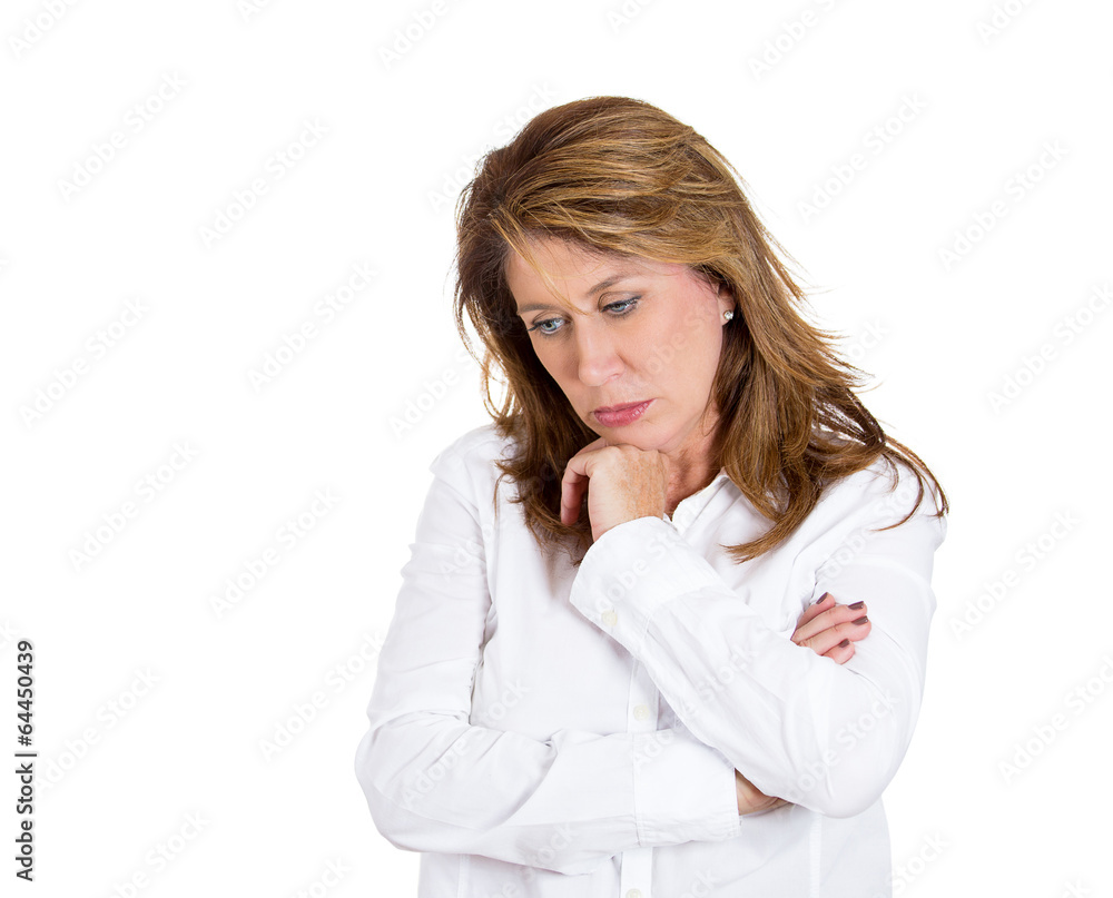 Deep thinking. Sad unhappy woman, isolated on white background Deep thinking. Sad unhappy woman, isolated on white background