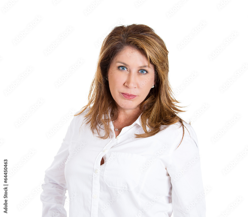 Pissed off middle aged woman looking at you on white background Pissed off middle aged woman looking at you on white background