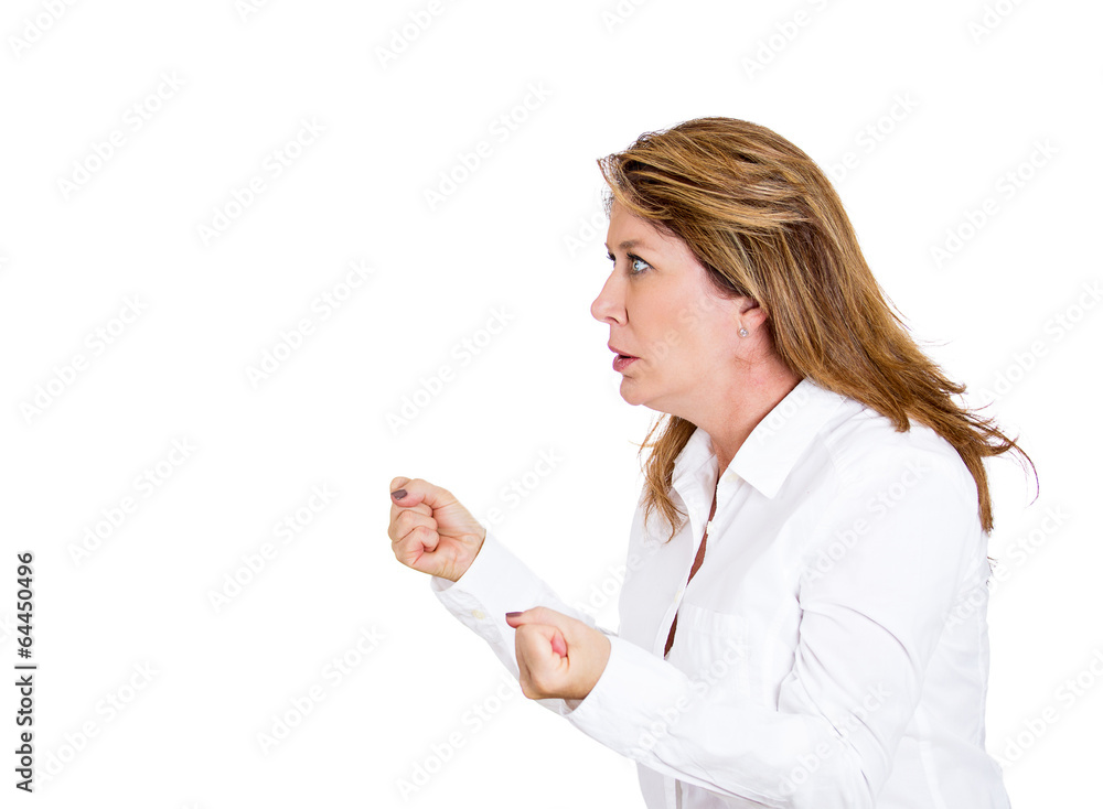 Side view profile portrait Angry shocked, pissed off woman Side view profile portrait Angry shocked, pissed off woman