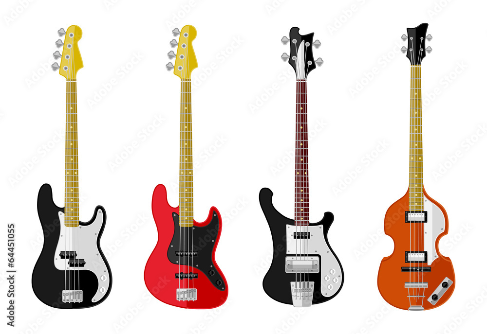 Naklejka premium Set of isolated vintage bass guitars. Flat design