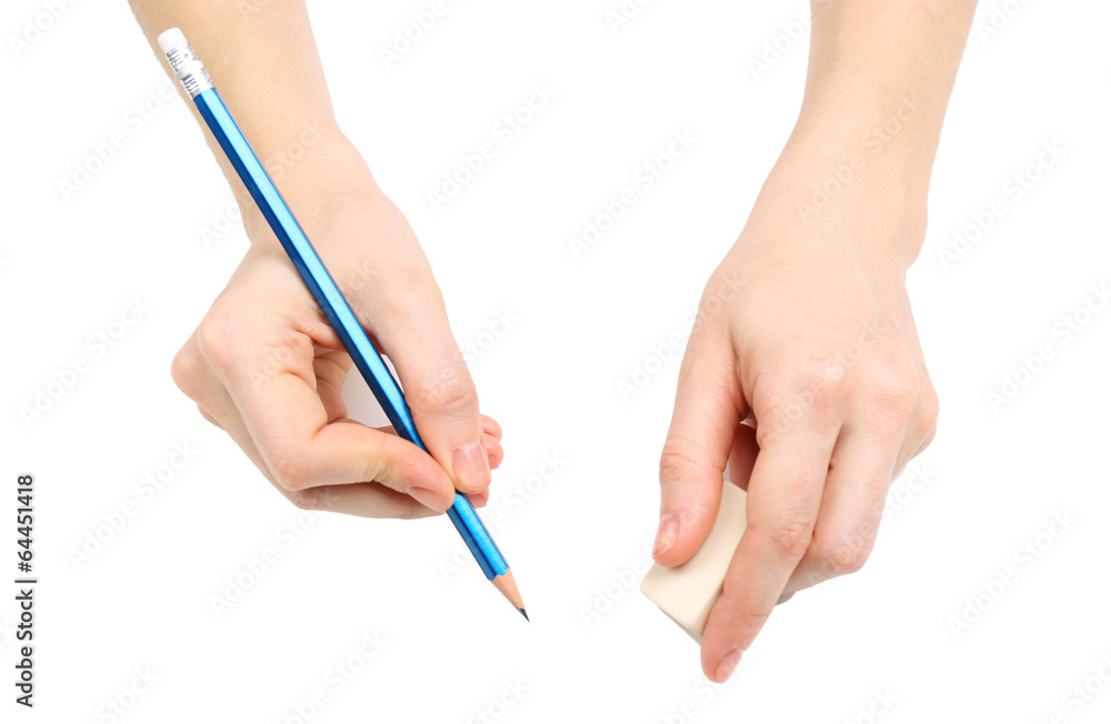 Human hands with pencil and erase rubber, isolated on white Human hands with pencil and erase rubber, isolated on white