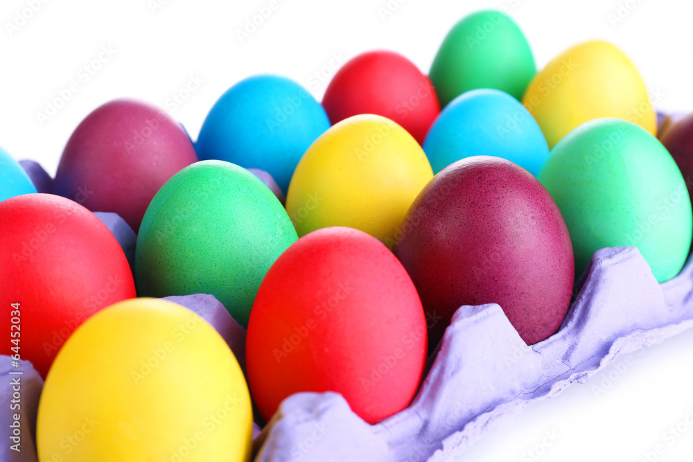 Colorful Easter eggs in tray close up Colorful Easter eggs in tray close up