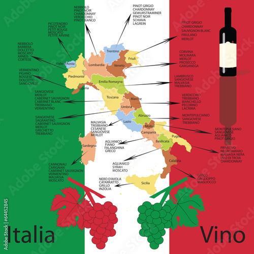 Concept and Editable italian wine map with flag as bacgroung