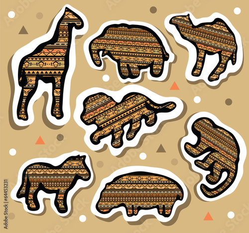 Collection of african animals stickers with seamless pattern