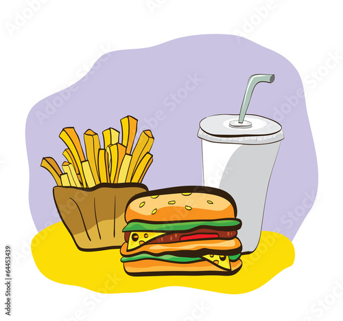 Illustration of French-fry, burger and drink